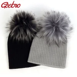 Geebro Fashion child baby Solid Color Ribbed Beanies hats With Faux fur pompom New Girls Boys Kids Soft Cute skully hats