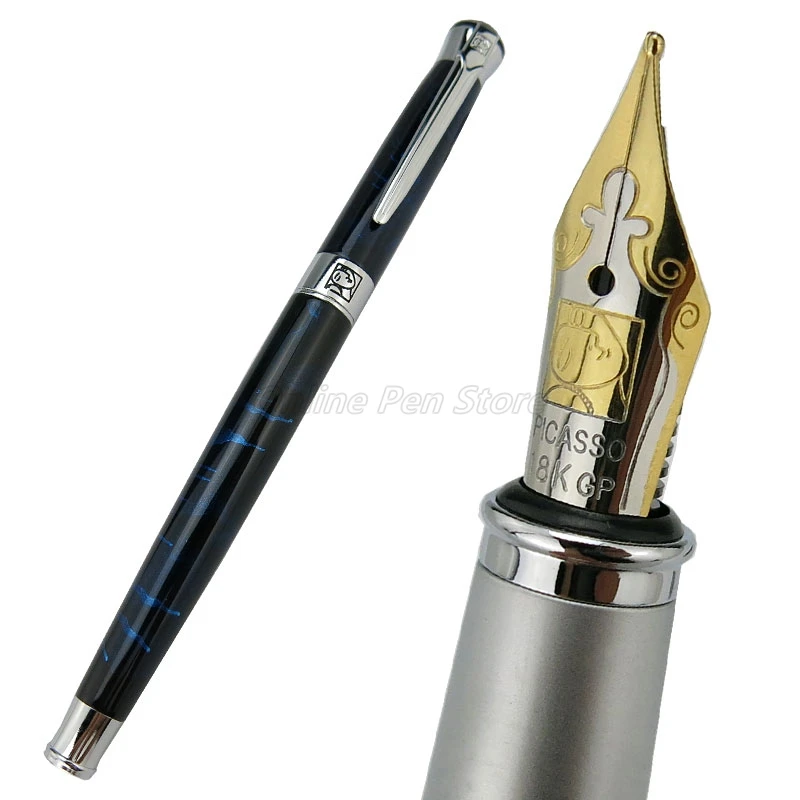 Picasso 903 Dark Blue Marble Sweden Flower King Metal Fountain Pen 22KGP Medium Nib Professional Stationery Writing Pen Gift