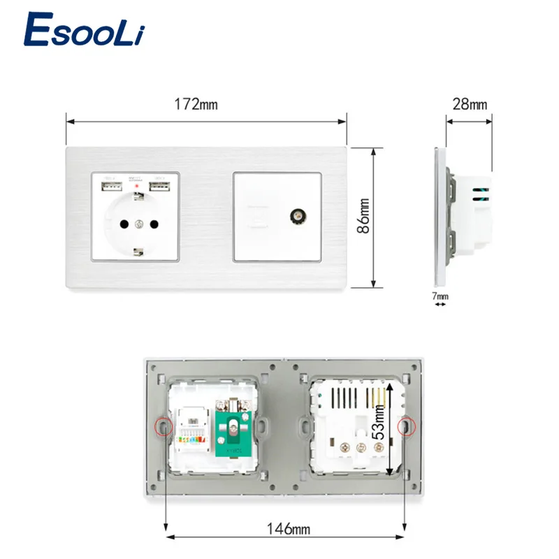 Esooli 1 банда Европейская алюминиевая металлическая панельная Розетка с USB+ RJ45 Интернет-разъем с ТВ-розеткой настенная компьютерная розетка рыцарь черный