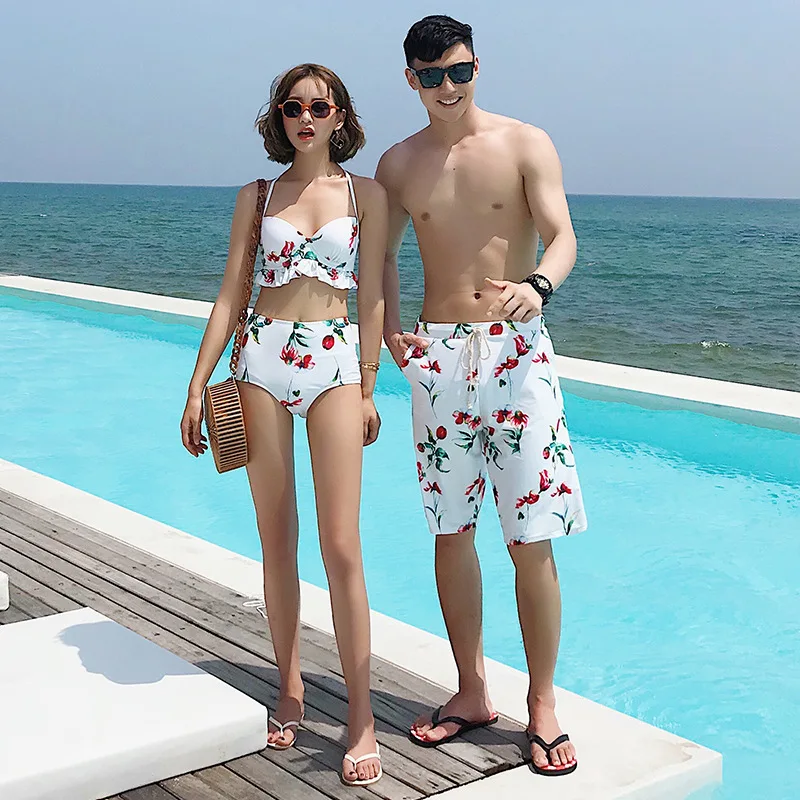 

Couples Bathing Suit Women's Three-piece Set Skirt Split Type Bikini Underwire Push up Slimming High-waisted Belly Covering Cons
