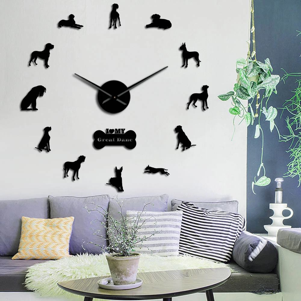 Great Dane Dog Breed 3D DIY Giant Wall Clock Personalized Long Hands Acrylic Clock Watch Animals Pet Shop Decor Kit Decoration