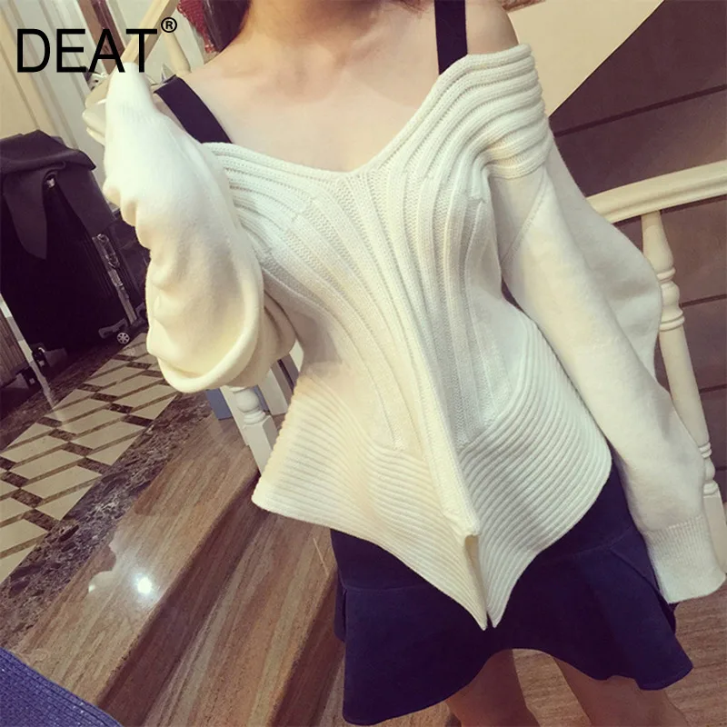 

DEAT White V-neck Long-sleeved Strapless Irregular Short Knit Sling Top Woman Sexy Simple Fashion 2019 Autumn Winter New TD061