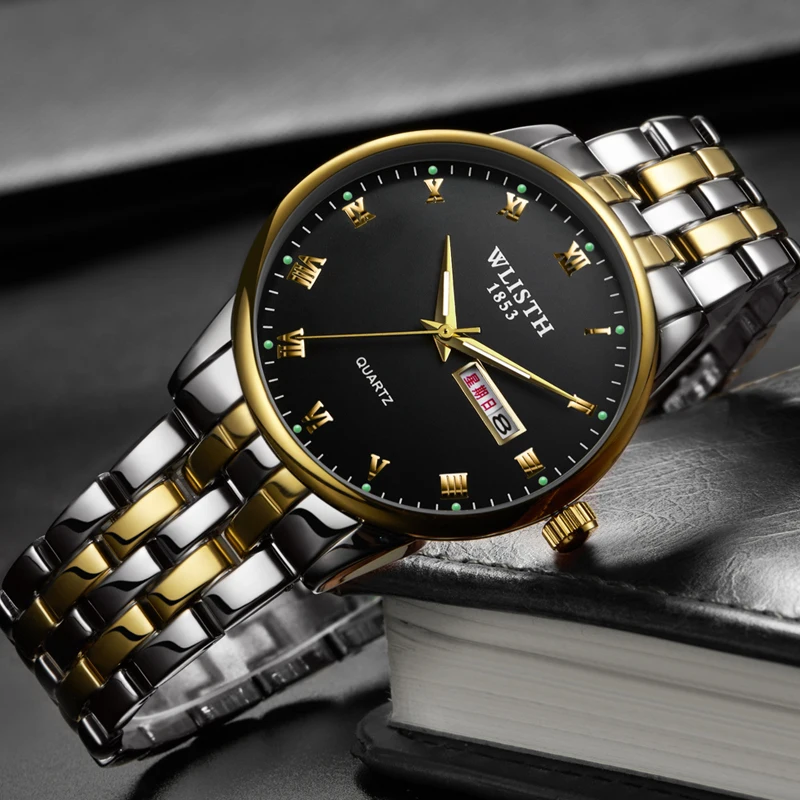 Black Men women fashion business Quartz Couple Luminous Week Calendar Display Steel Strap Belt Quartz Movement Lover Wrist Watch