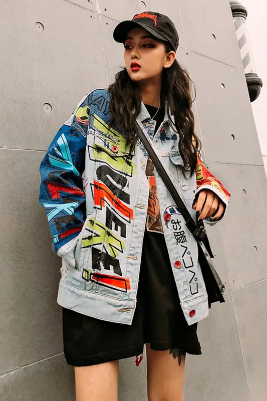 Harajuku/Новые осенние женские джинсовые куртки джинсовая куртка с длинными рукавами и буквенным принтом подростковые джинсы для девочек пальто хип-хоп верхняя одежда SA251S50