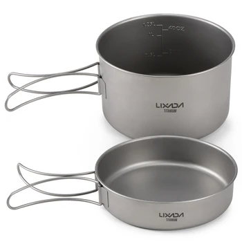 

Lixada 2pcs Camping Cookware Set Titanium Pot Pan Cooking Set with Foldable Handles Mesh Carry