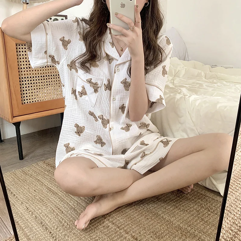 Cartoon Bear Summer Pamas Set Women Kawaii Funny Home Suit Soft Single Breasted Kawaii Shirts + Shorts Set Two Piece_voghion.com
