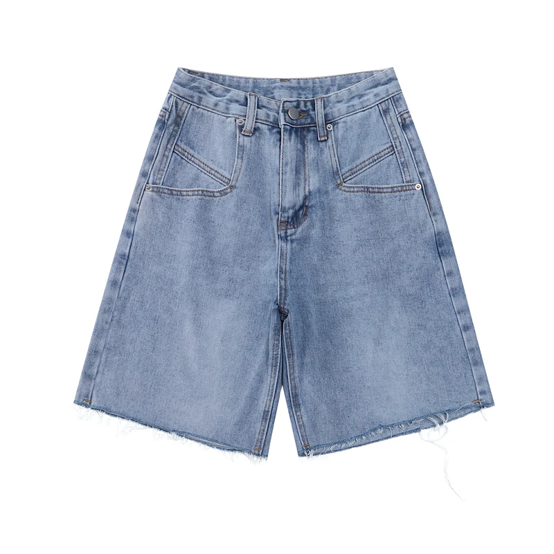 Summer Women Denim Shorts Thin High Waist 5 Point Pant 2021 New Style Casual Loose Straight Female Rough Edge Design Jean Short denim capris for women Pants & Capris