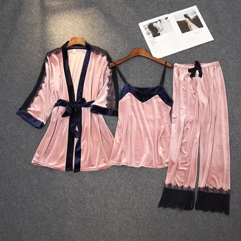 

Daeyard Women's 3 Pieces Velvet Pajama Set Sexy Lace Robe V-Neck Sling And Pants Autumn Winter Warm Sleepwear Elegant Homewear