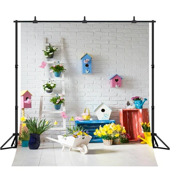 

Spring Flowers Easter White Brick Wall Baby Photography Backgrounds Customized Photographic Backdrops For Photo Studio