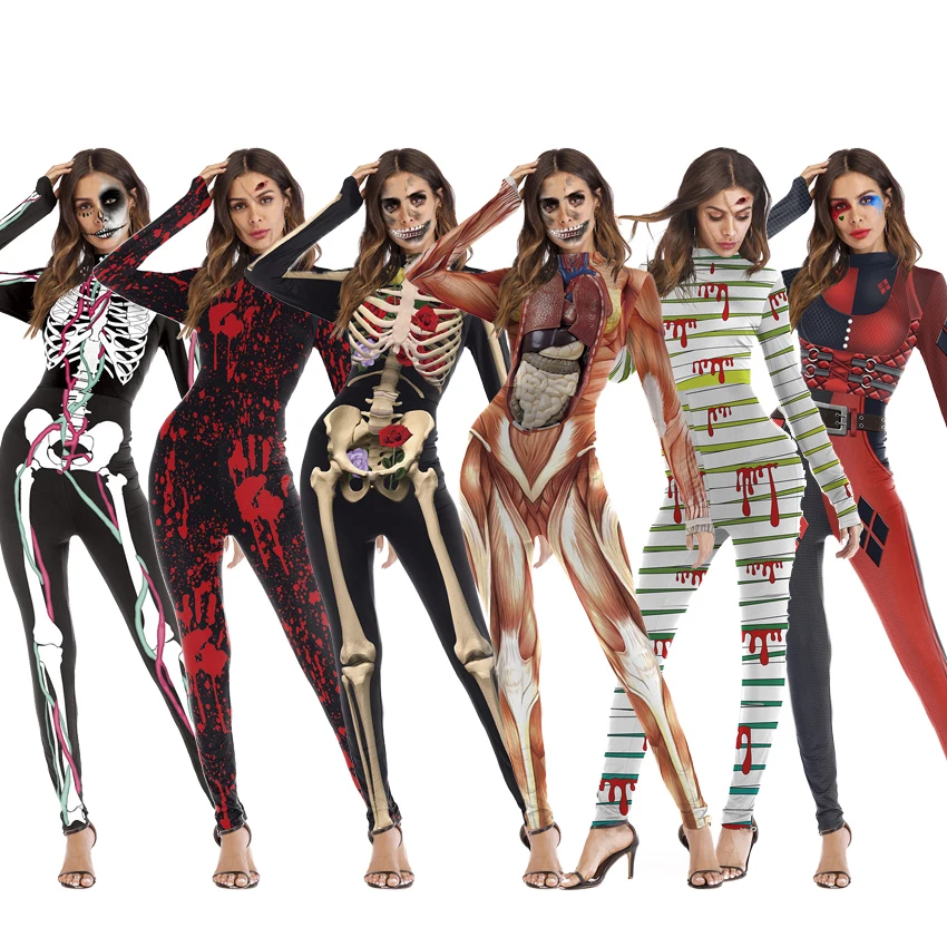 Цельный женский костюм с черепом, скелетом, праздничная одежда на Хэллоуин, страшный женский комбинезон, обтягивающий, зомби, вампир, косплей для женщин