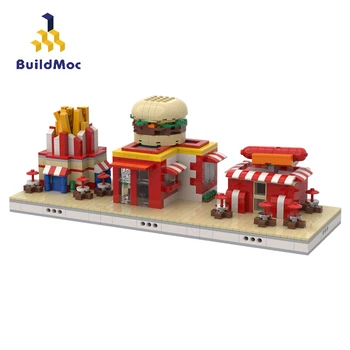 

Buildmoc City Coffee Ice Cream Burger Shop Fast Food Modular Restaurant In the zoo Building Blocks Street View Toys Gift For Kid