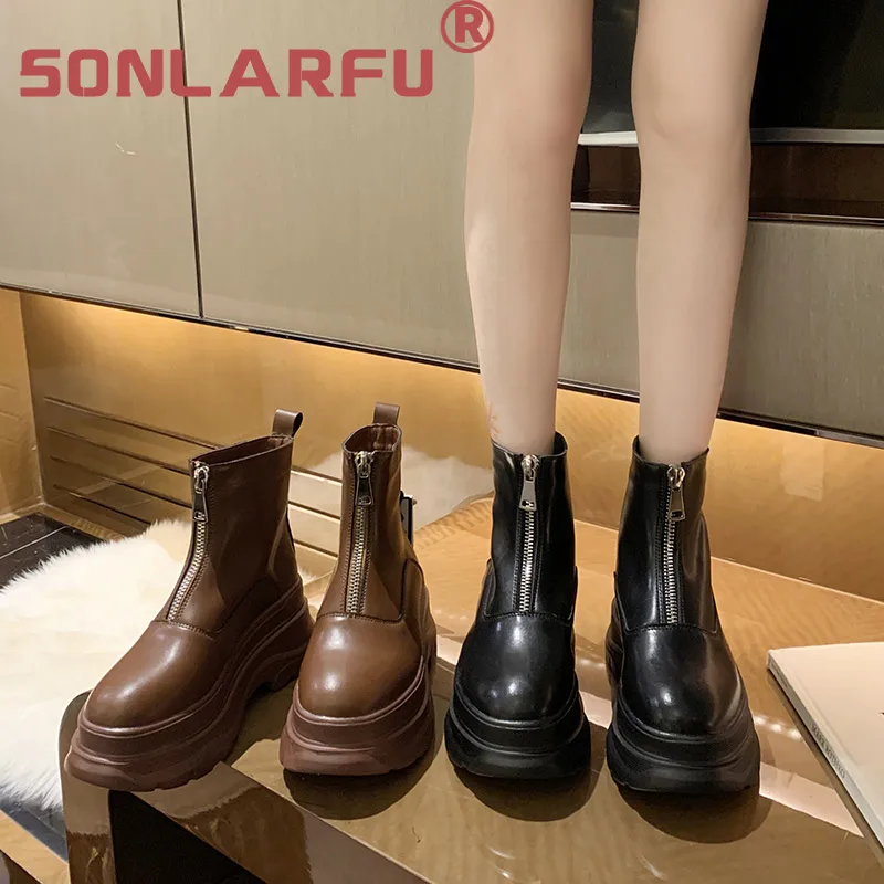 

Leather Martin Boots Women's Spring and Autumn New British Style Platform Muffin Front Zipper Internet Celebrity Short Boots