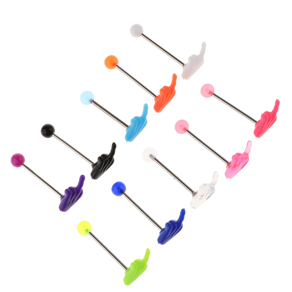 10Pcs 14g Tongue Barbell Labret Ring Ear Tragus Stud Earrings Piercing Jewelry - Middle Finger