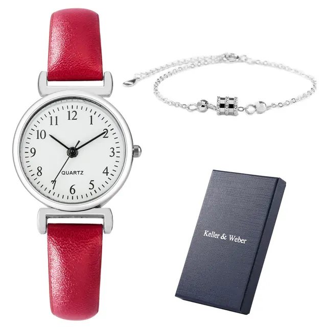 Business Women Quartz Watch Noble Brown Leather Strap Watch Silver Bracelet Ladies Christmas Gifts Set with Box for Mother Gift Set A
