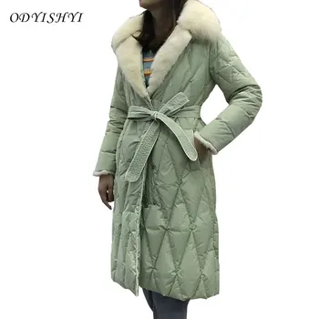 

High-end Fox Fur collar Down Coat Women Parkas 2020 Thick Winter Long Slim Overcoat Belt White Duck Feather Jacket Female DH270