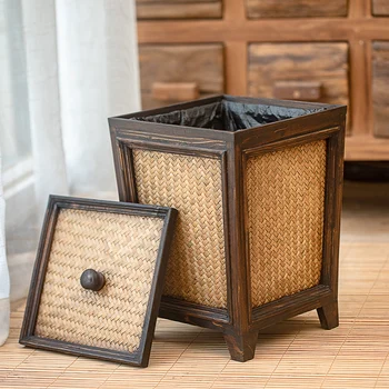 

Thailand Solid Wood Creativity Bamboo Weaving Toilet Tuba Wastepaper Basket Household Kitchen Living Room Decoration Trash Bring