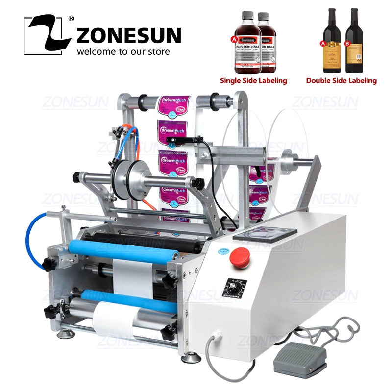 ZONESUN XL-T801 полуавтоматическая изогнутая двухсторонняя банка ПЭТ круглая бутылка для вина, варенья, воды, молока, соковыжималка, этикеточная машина