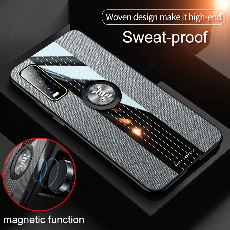 

Luxury Cloth Phone Case For VIVO Y70S Case Magnetic Car Holder Cover for VIVO Y70S Ring Holder Fabric Case