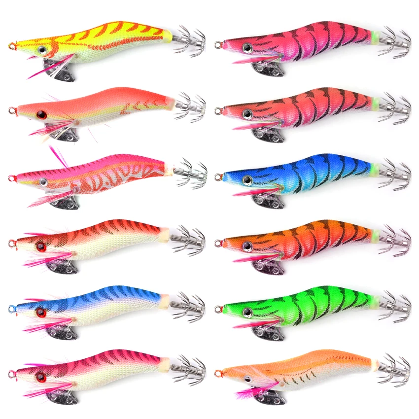 

12PCS Fishing Lure Lead Sinker Squid Jig 2.5/3.0# Hook Wooden Shrimp Artificial Fishing Lures Octopus Cuttlefish Shrimp Bait