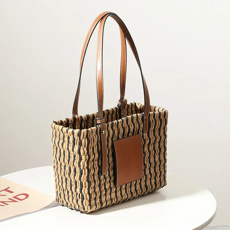 Fashion Pu Leather Splice Straw Bags for Women 2021 Striped Woven
