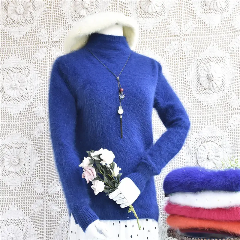 Body62cm chest84cm Осенний и зимний женский свитер из кроличьей шерсти, обычный средний высокий воротник, длинный рукав, норковый флис, нижняя крышка, вязаная кромка, раскол - Цвет: Body62cm chest84cm