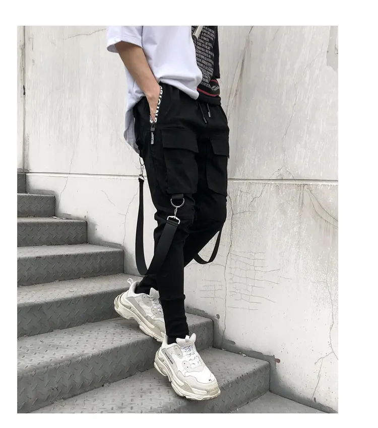 

2020 spring and autumn hip-hop jogger men's black harem pants multi-pocket ribbon men's sports pants streetwear casual men's pan