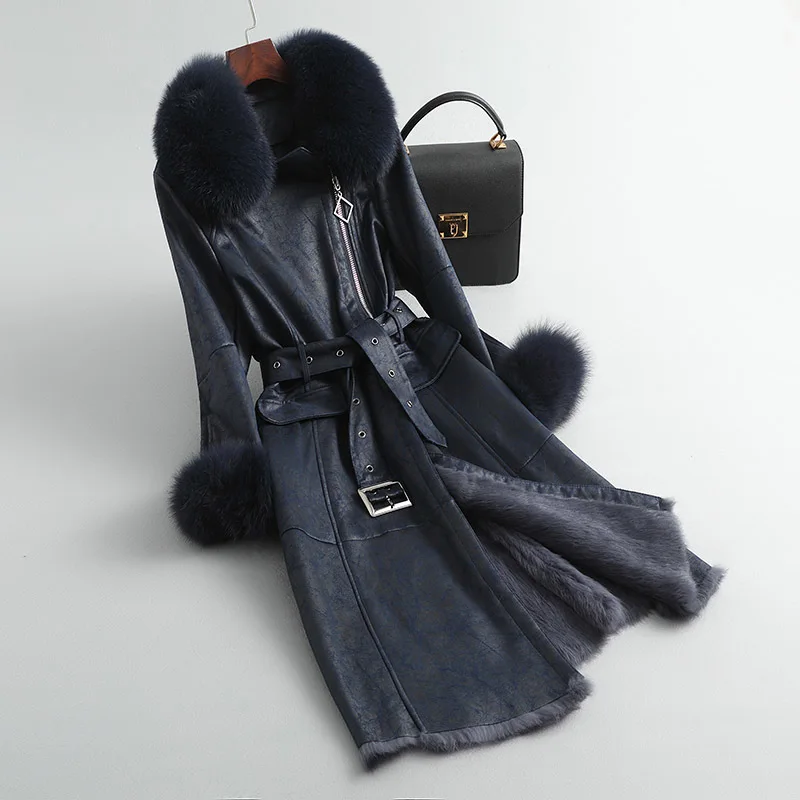 

Natural Fur Coat Female Winter Long Rabbit Fur Liner Leather Jacket Women Double Faced Top Vintage Real Fur Coat Belt Hiver 1020
