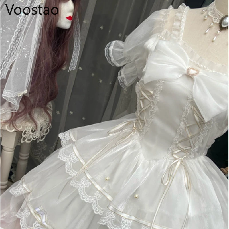 Sweet Lolita Princess Dress Women Cute White Bowknot Lace Ruffles Flowers Wedding Dresses Girly Kawaii Tulle Party Fairy Dress Lolita Dress Lolita Suspender Dress Lolita Cosplay Costumes Suspender Dress