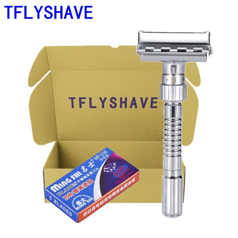 

TFLYSHAVE Men Double Shaver Razor Blade Adjustable Edge Razor Safety Razor Zinc Alloy Chrome Razors With 5 Replacement Blade