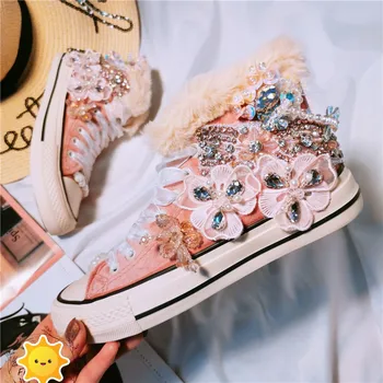 

JELLYFOND luxury warm women canvas shoes fashion Rhinestone bling bead high-top canvas causal female shoes Woman Vulcanize Shoe