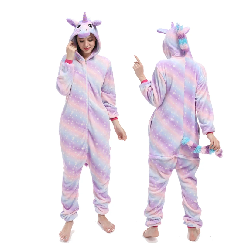 Кигуруми пижамы Радуга Единорог для женщин мужчин девочек пижамы взрослых пижамы животных панда Единорог комбинезон унисекс - Цвет: Purple star Pegasus