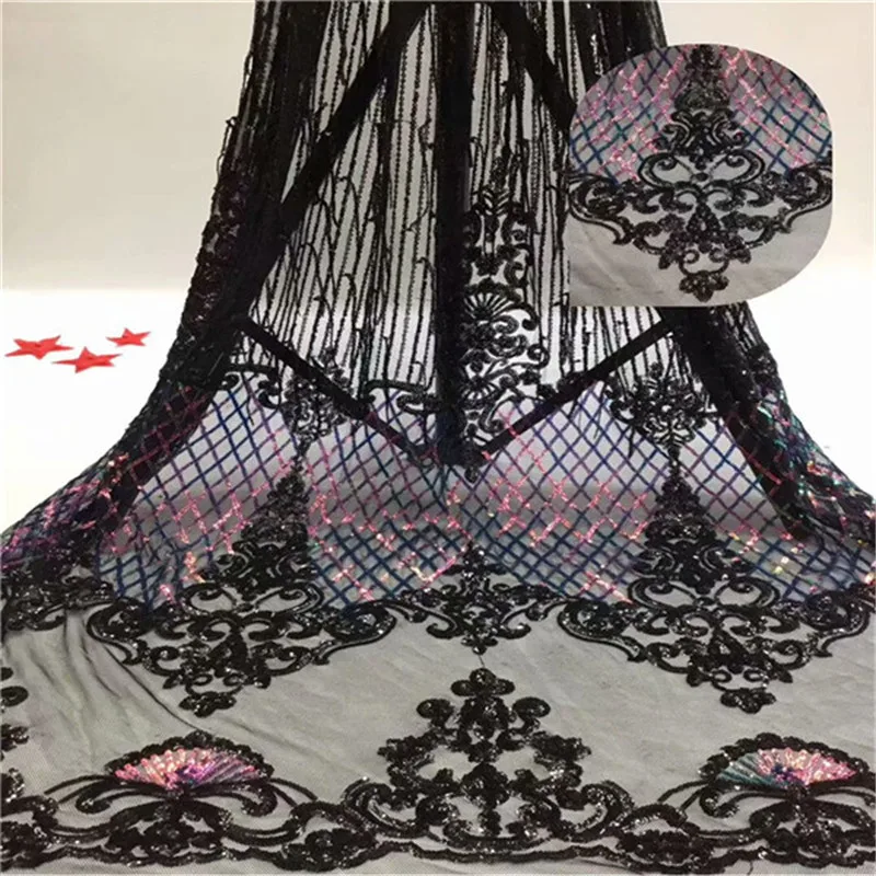 

2019 Delicate embroidery lace fabric African sequined net lace fabrics with appliques 5 yards net lace for wedding