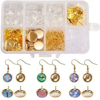 

230 PCS 12mm Earring Wire Hooks with Glass Cover Cabochon Setting Alloy Drop Earrings Bezel Trays Kit for Jewelry Making