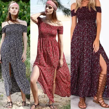 

Summer Dress Women Long Sexy Split Slash Neck Off Shoulder Bohemian Maxi Long Printed Wrap chest off shoulder split Robe Femme