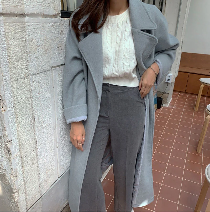 BGTEEVER Wool Blend Winter Tweed Coat Women Long Sleeve Elegant Sash Belt Femme Outwear Coat Autumn winter Overcoat Female