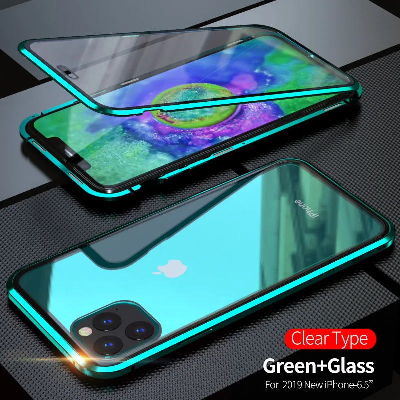 Зеленый Магнитный чехол для Iphone 11 Pro X XS Max XR 8 7 Plus Coque 360 двухсторонний чехол из закаленного стекла металлический чехол для телефона чехол на магните s - Цвет: Зеленый