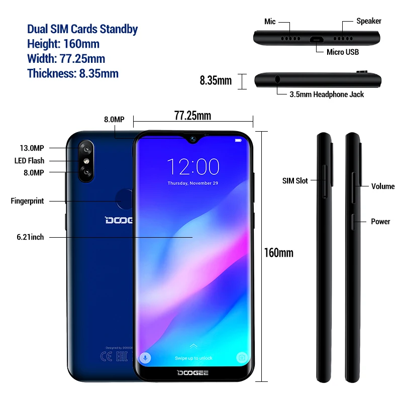  DOOGEE Y8 Plus Smartphone Android 9.0 MTK6761 3GB RAM 32GB ROM FDD LTE 6.21inch 19:9 Waterdrop Scre