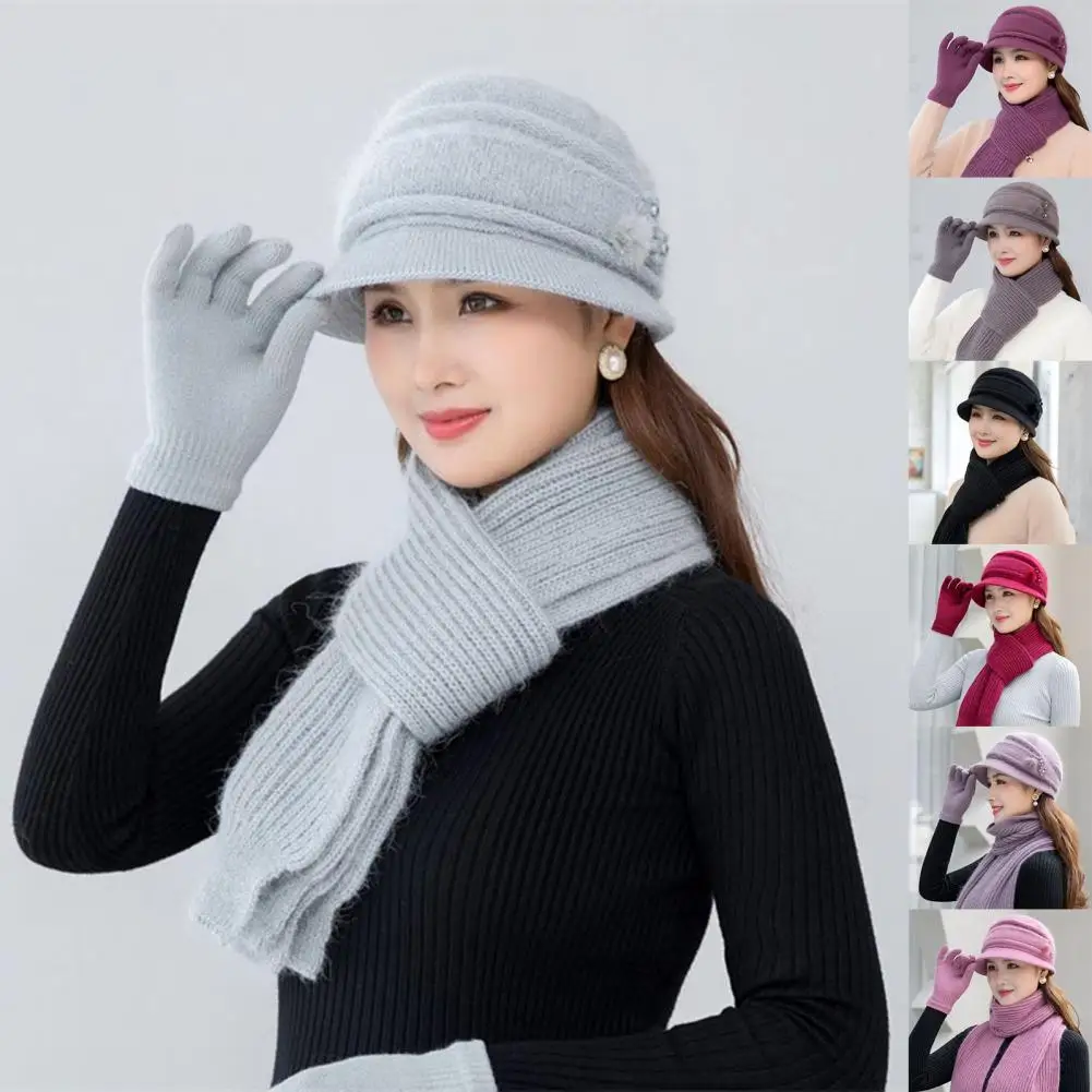 1 Set Women Hat Scarf Gloves Threepiece Nonallergenic Lovely Knitted