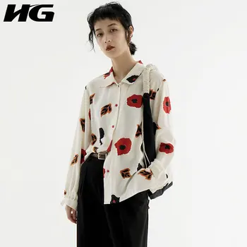 

HG French Style Vintage Red Flower Print Shirt Chiffon Long Sleeve Loose Elegant 2020 Spring New Womens Tops and Blouses XJ4167