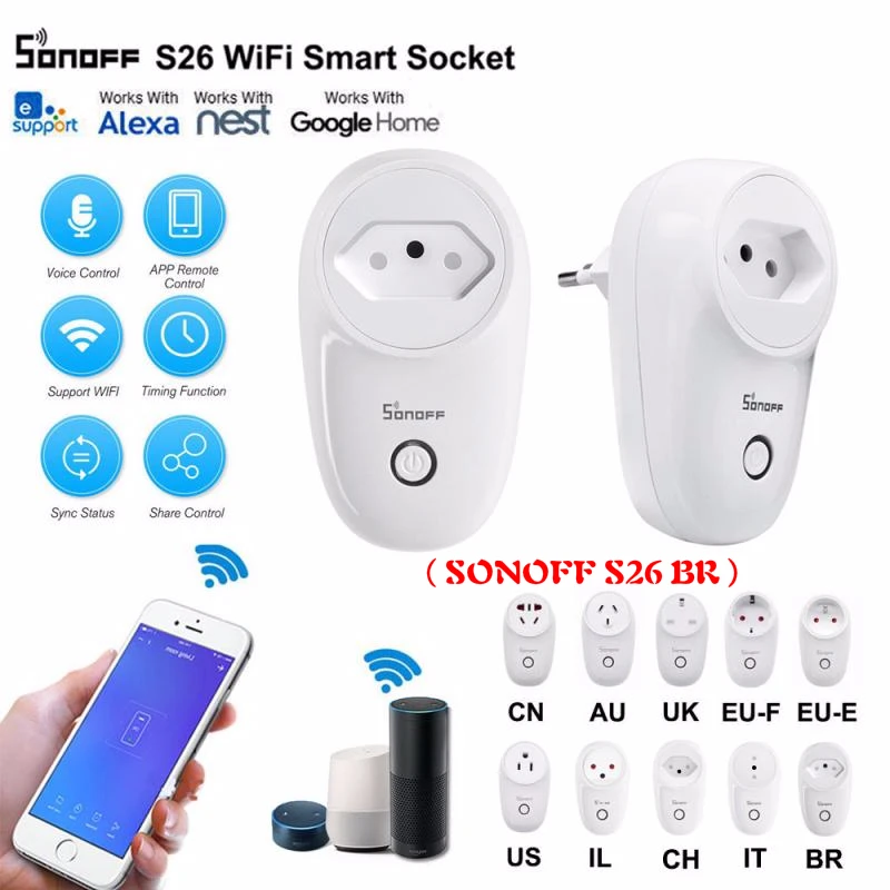 Умный выключатель Sonoff S26 BR/IL/IT/CH/EU Wi Fi дистанционное управление на телефоне