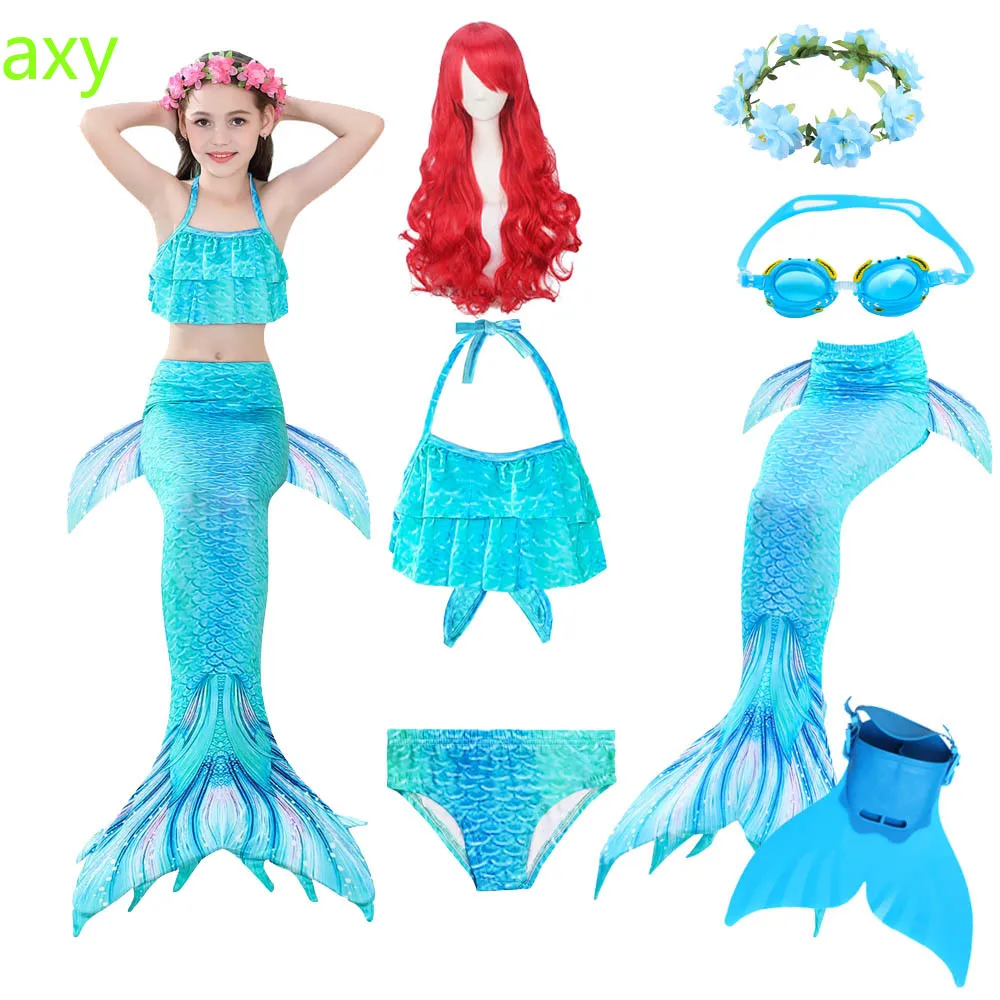 

Christmas Children Mermaid Swimwear Girls Colorful Bikini Children Split Kids Swimsuit Mermaid Tail with Monofin Fin Garland Wig
