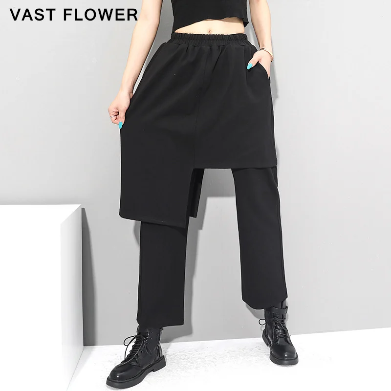 

Black Elastic Waist Fake Two Irregular Harem Pants Women New Vintage Loose Casual Trousers Fashion Streetwear Spring Autumn 2021
