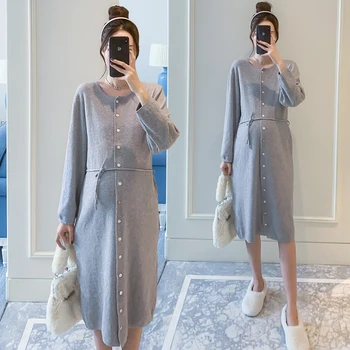 

212# Autumn Winter Korean Fashion Knitted Maternity Long Sweaters Dress Clothes for Pregnant Women Loose Pregnancy
