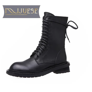 

MLJUESE 2021 women ankle boots soft Cow leather winter short plush zippers round toe high heels equestrian boots party dress