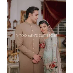 New Arab Indian Style Men Suits Slim Fit 2 Piece/Khaki Long Coat & Pants/Wedding Best Man Groom Clothing/Formal High Quality Set