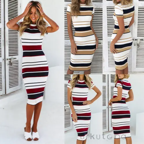 

Summer Casual Women Dress Striped High Waist Skinny Knee-Length Dress Fashion Party woman's Gown