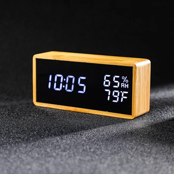 

Bamboo Digital Alarm Clock Adjustable Brightness Voice Control Desk Large Display Time Temperature USB/Battery Powered White