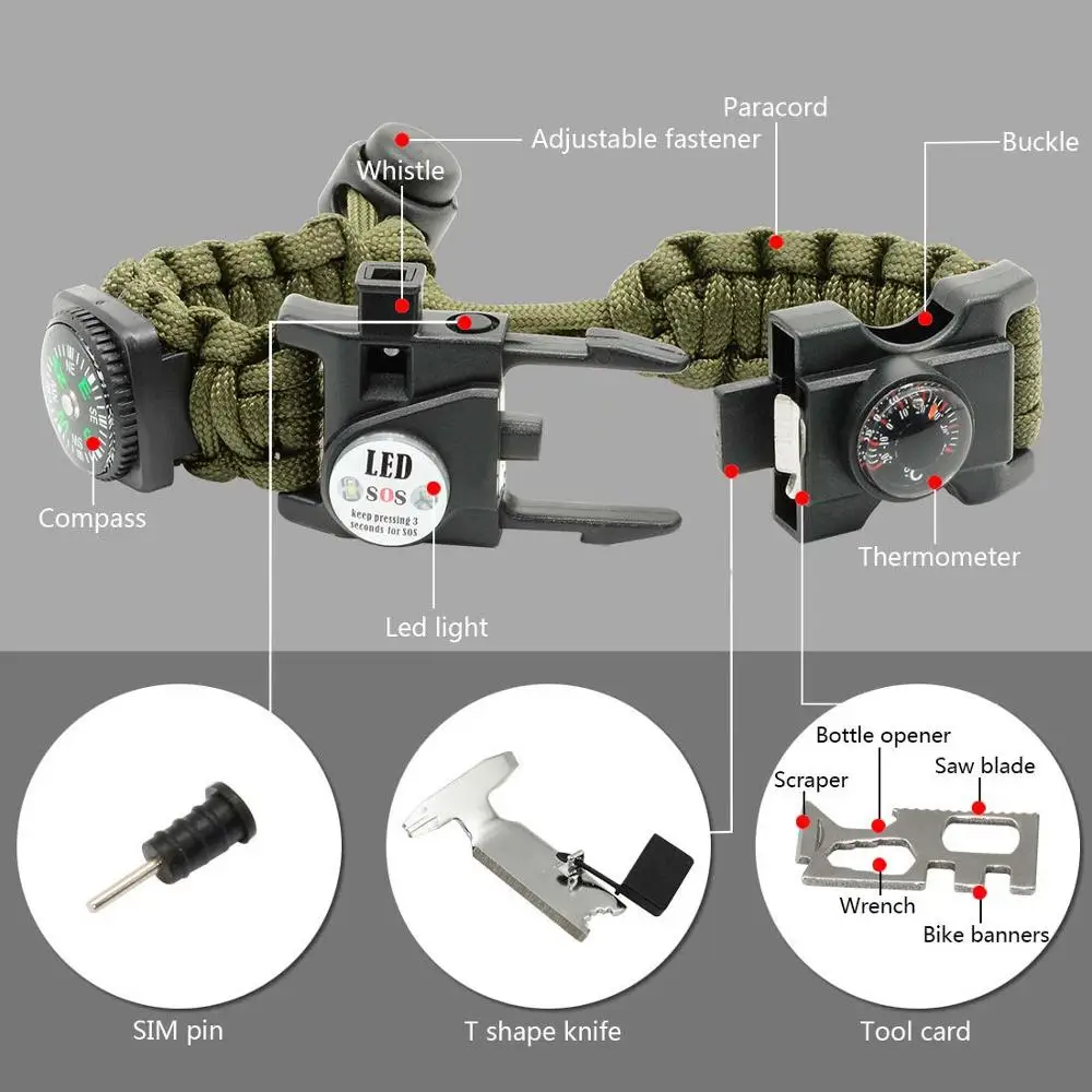 Набор для выживания с водонепроницаемым SOS светодиодный светильник аварийный нож свисток компас открытый мульти инструменты Кемпинг Туризм браслет