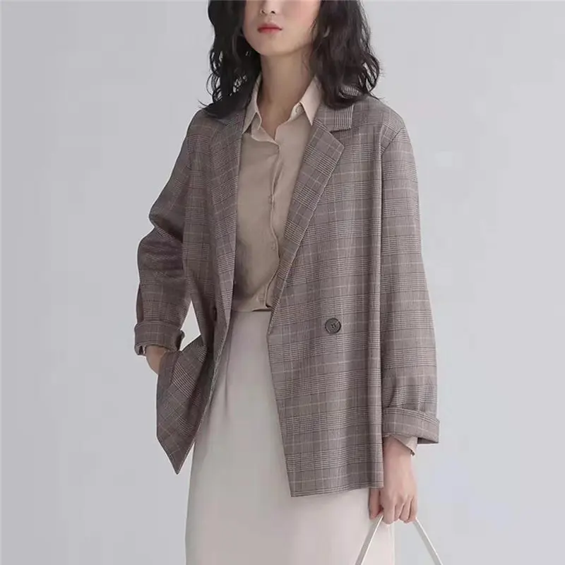 

HziriP British Style Feminine Stylish Vintage Plaid Chic High Street Office Ladies Women All Match Autumn Loose Suit Blazers