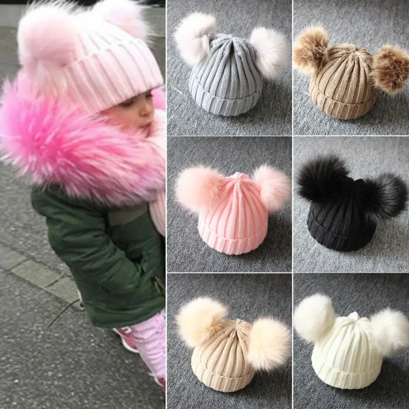 

Fashion Baby Girl Boy Fur Ball Hat 2 Poms Knitted Comfortable Warm Bobble Caps for 1-3Years Old Baby